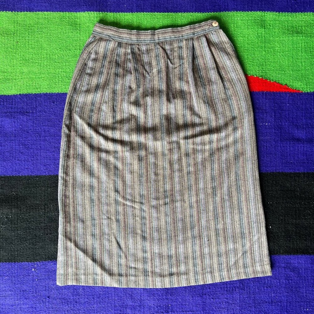 vintage 70s brown & gray stripe midi pencil skirt sz XS curvy petite POCKETS